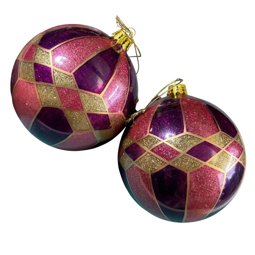 10 Purple Pink Gold Glitter Christmas‎ Ornament Set Harlequin Finial Round